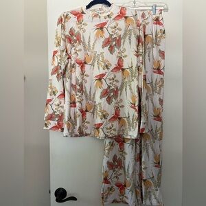 Floral Bird-Print Long Sleeve Pajama Set - Cream with Coral & Mustard